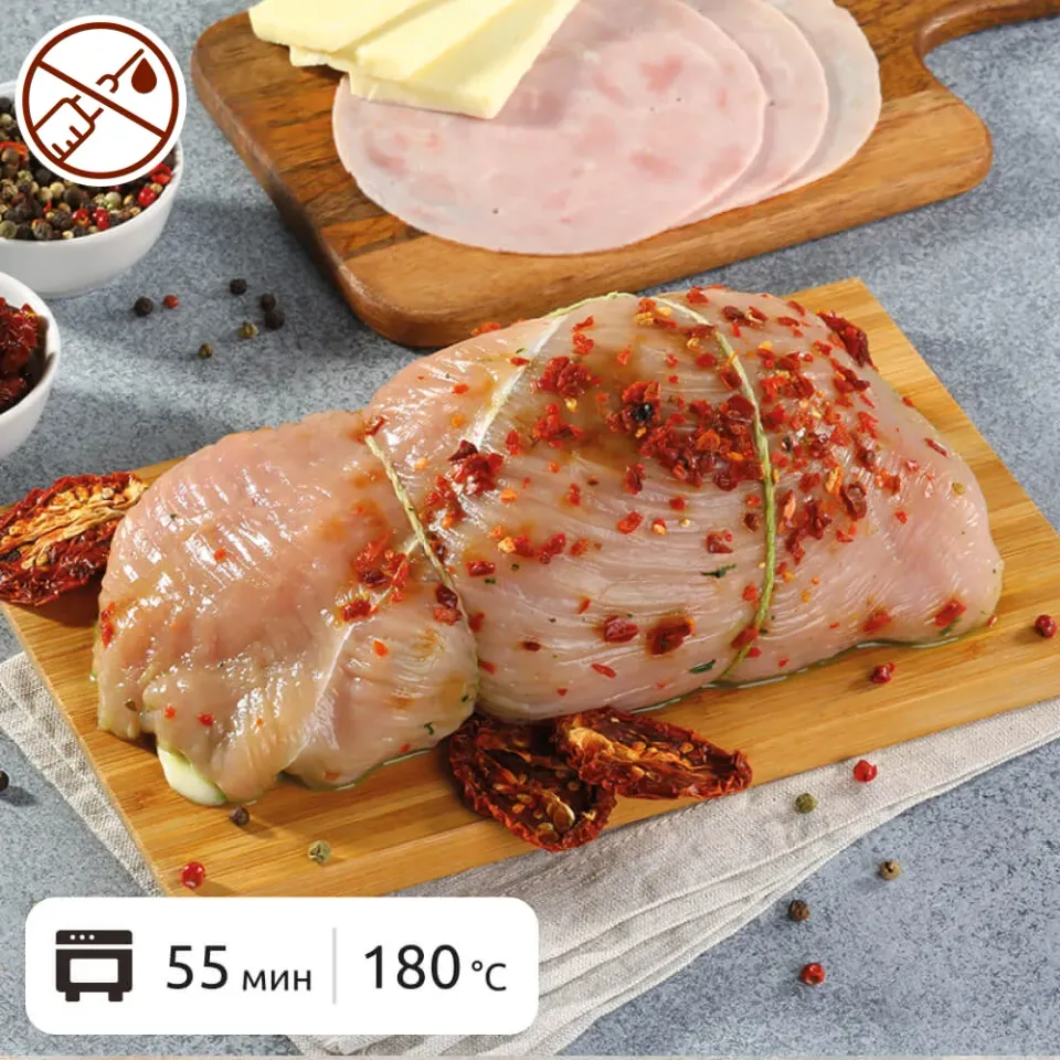 Рулет из индейки с ветчиной, сыром и вялеными томатами МясновЪ По-Царски