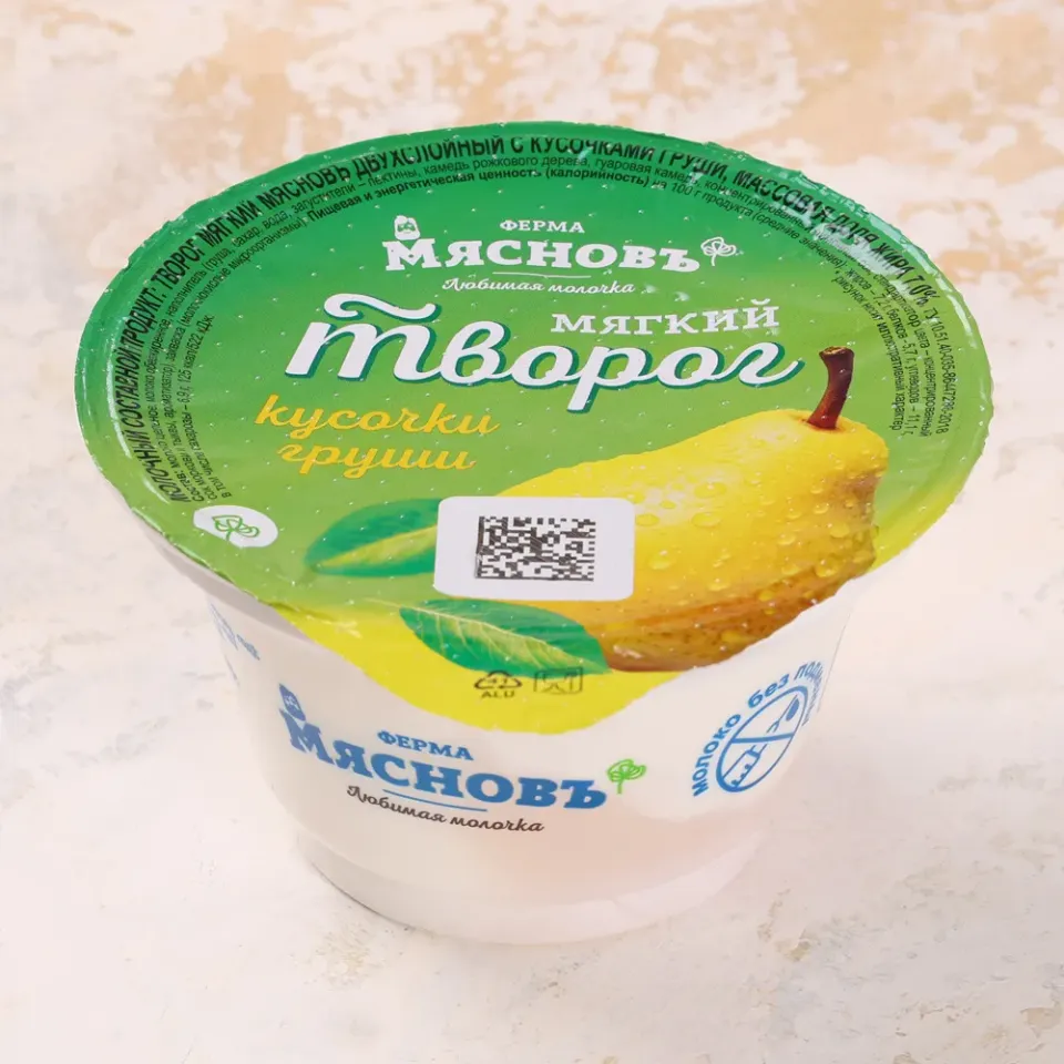 Творог мягкий двухслойный с кусочками груши 7% 150г, ферментация 12ч
