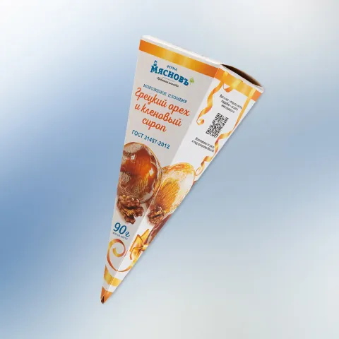Мороженое пломбир ГОСТ с грецким орехом и кленовым сиропом 15% в сахарном рожке 90г