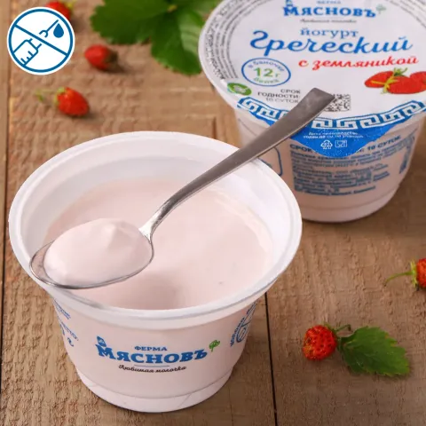 Йогурт греческий с земляникой 4% 150г (высокое содержание белка), ферментация 6ч