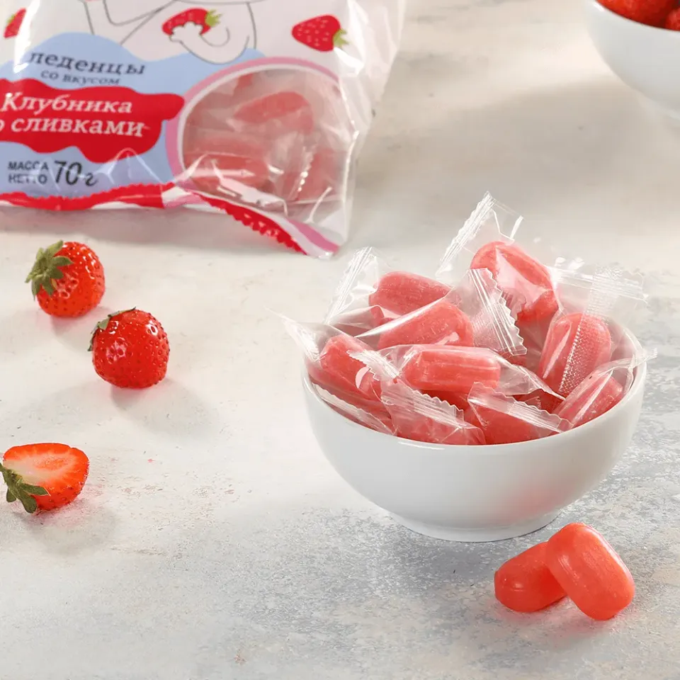 Карамель леденцовая со вкусом клубника со сливками 70г