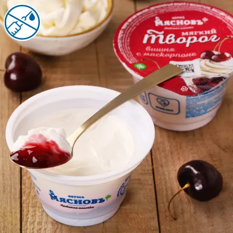 Творог мягкий двухслойный вишня с маскарпоне 7% 150г, ферментация 12ч