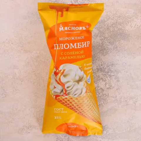 Мороженое пломбир ГОСТ со вкусом соленая карамель 15% в сахарном рожке 100г