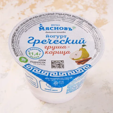 Йогурт греческий двухслойный груша-корица 4,6% 150г (высокое содержание белка), ферментация 6ч