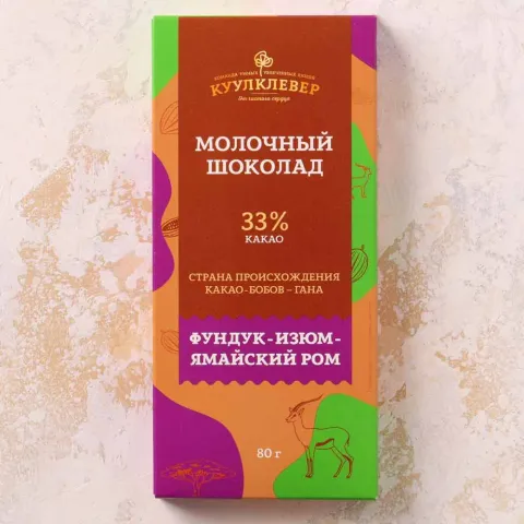 Шоколад молочный 33% дробленый фундук-изюм-ром 80г