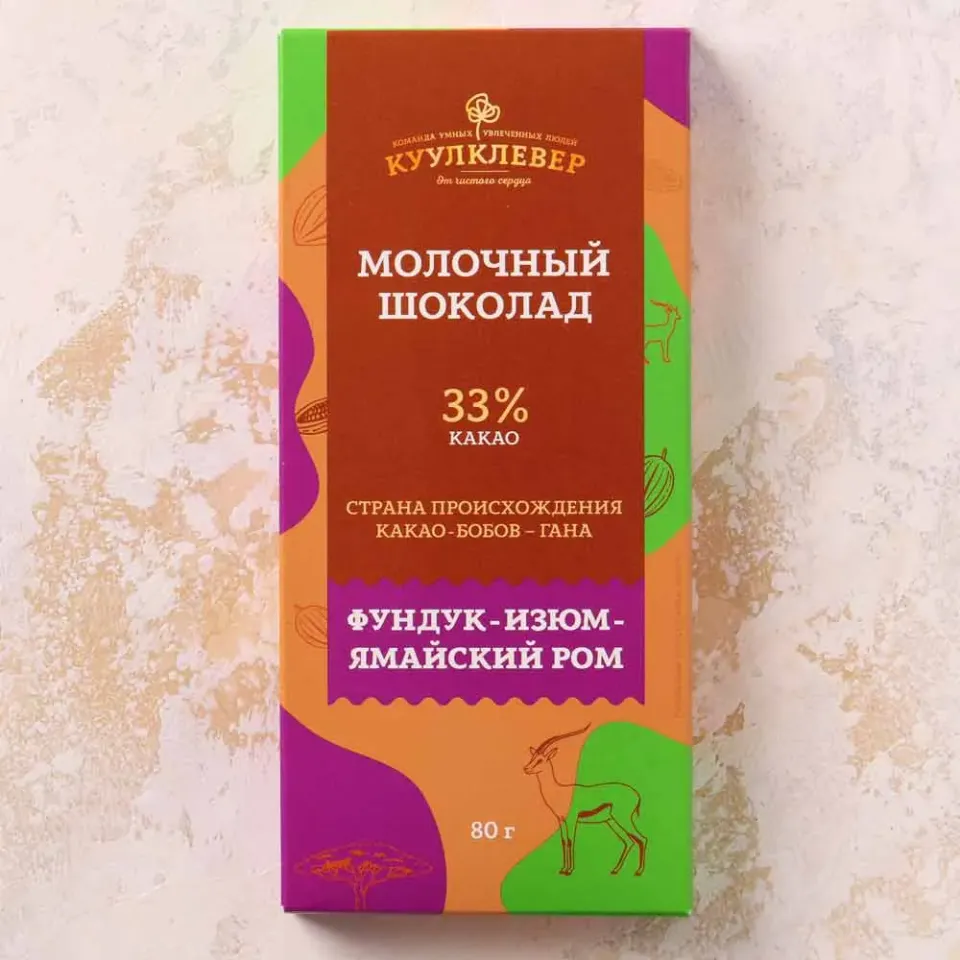 Шоколад молочный 33% дробленый фундук-изюм-ром 80г