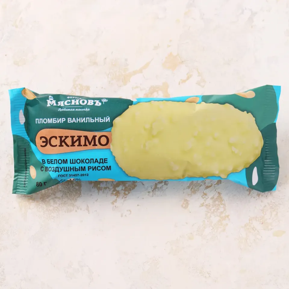 Мороженое пломбир ГОСТ 15% Эскимо в белом шоколаде с воздушным рисом 80г