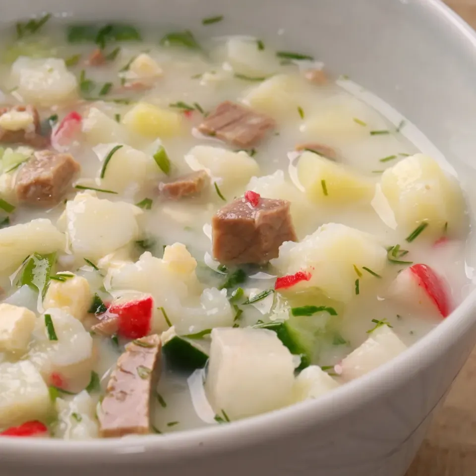 Окрошка на тане с говядиной