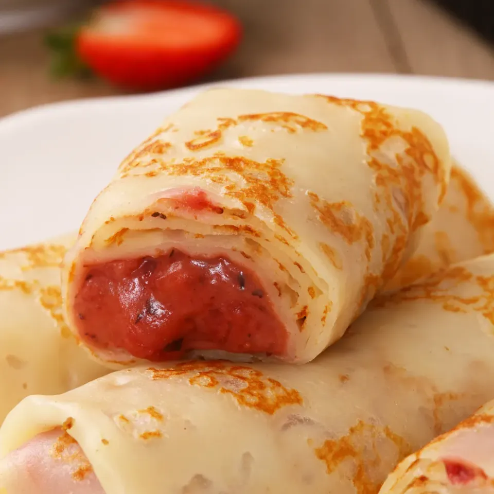 Блинчики с клубникой, карамелью и мятой