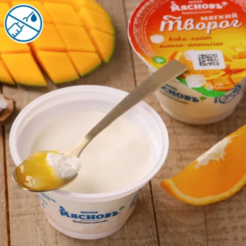 Творог мягкий двухслойный манго-апельсин с кусочками кокосового желе 7% 150г, ферментация 12ч