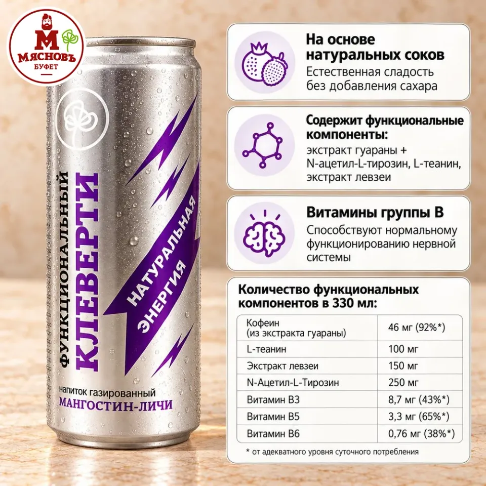 Напиток функциональный Клеверти Натуральная энергия мангостин-личи газированный 0,33л